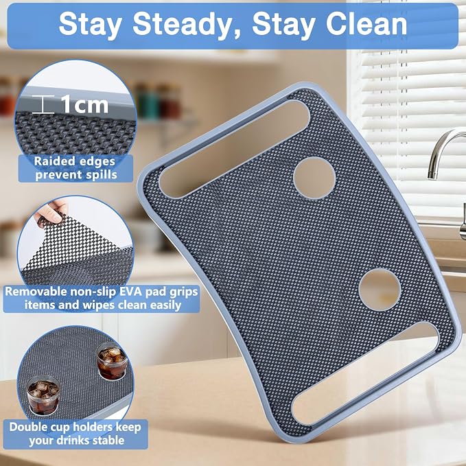 Walker Tray for Seniors with Dual Cup Holders & Side Pouch (Gray) | Durable Food & Drink Table, Lightweight with Non-Slip Pad, Compatible with Walker of 10210-1 Model