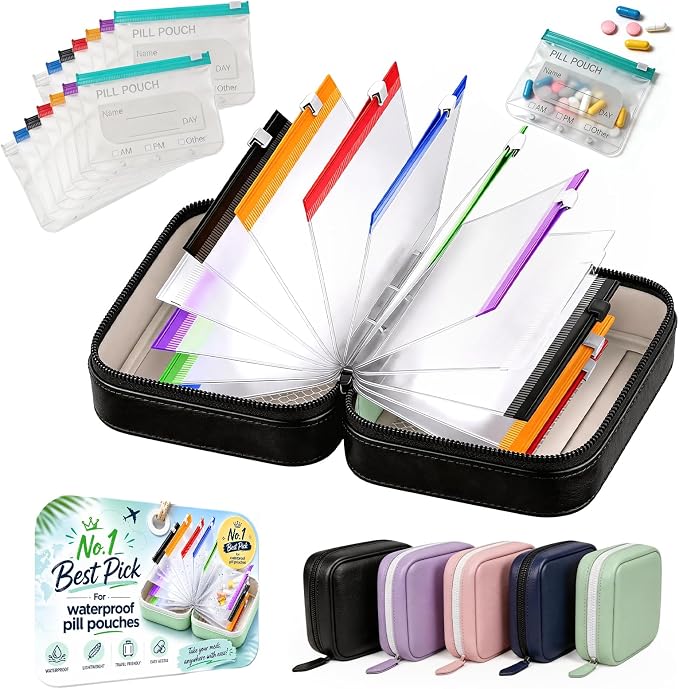 14 Day Travel Pill Kit Personal Medicine Organizer Case Set A8 Waterproof Pill Pouch for Travel Small Portable Storage Binder Style with Bags Cute Medication Purse Zipper Pocket (Black-14 Pouches)