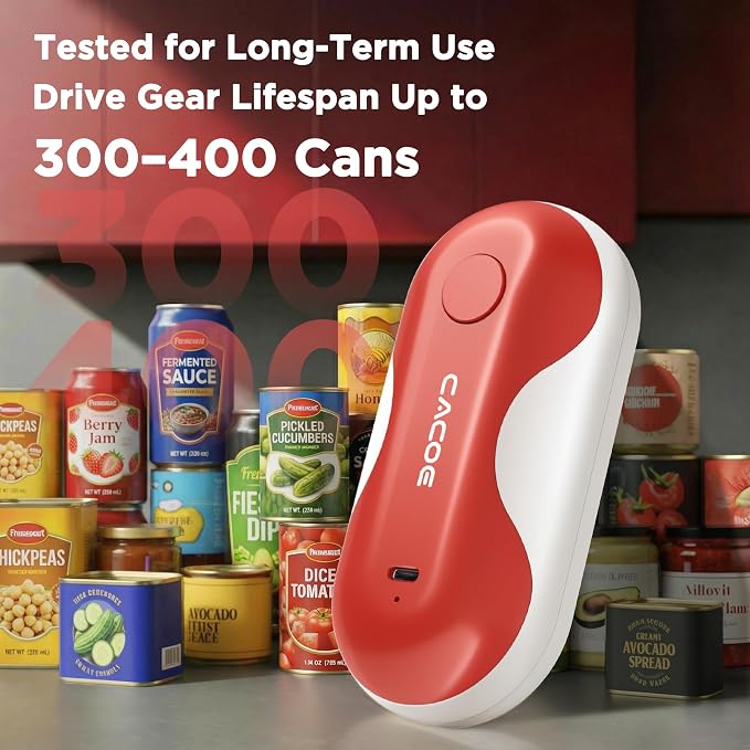 CACOE Automatic Smart Electric Can Opener with Auto Stop & USB-C Charging | Cordless Can Opener for Elderly and Arthritic Users for Seniors & Arthritis, Effortless One-Touch Open (red)