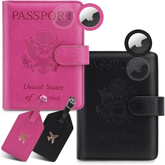 2 Pack Passport Holder For Travel with Slot for AirTag & Luggage Tag Cover – RFID Blocking Passport Holder for Travel Women/Men | PU Leather Passport Case with Pocket, Black/Pink