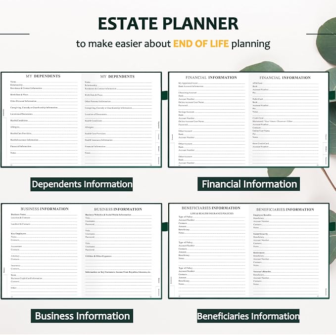 End of Life Planner, Guided Estate Planning Organizer with Tabs, Last Wish, Will Preparation, Funeral Planning, Final Arrangements Notebook for Beneficiary, in Case of Death Organizer -Dark Green