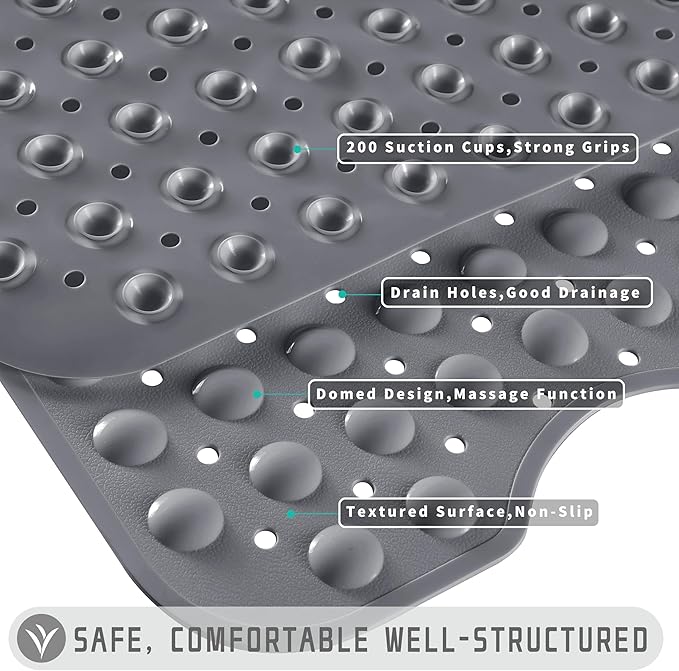 Yimobra 2-Pack Non Slip Bathtub Mat 40 x 16 Inch, Extra Long Shower Mat with Drain Holes, Machine Washable Baby Bath Mats, Strong Suction Cups for Bathroom Floor, Grey