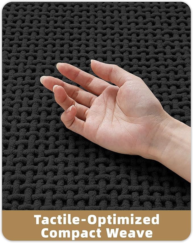 Color&Geometry Chenille Pile Large Bathroom Rugs Upgraded Denser, 24"x59" Non Slip Absorbent Black Bath Mats for Bathroom Thin Fit Under Door, Washable Quick Dry