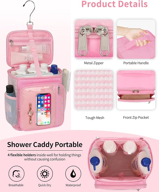 CUBETASTIC Mesh Shower Caddy Bag Portable - Large Capacity Shower Bag with Waterproof Phone Pocket & Sturdy Hook, Dorm Shower Caddy for Travel, Gym, College Essentials for Women & Men (Pink, M)