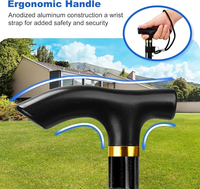 MFE Folding Cane, Portable 5-Level Adjustable Height Walking Stick with Foldable Design, Wrist Strap, and T Handle for Men and Women