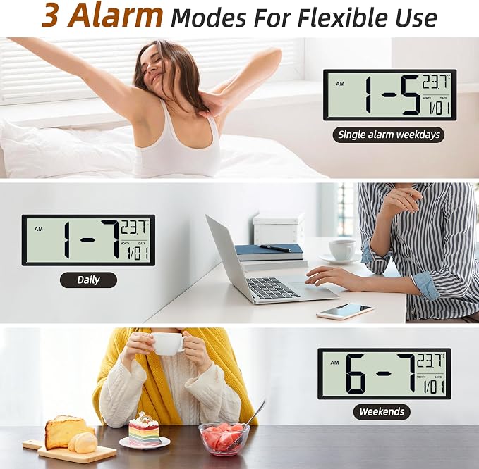 16" Digital Wall Clock, Battery-Operated with Large LCD Display, Jumbo Number Modern Decorative Clock with Alarm, Date, Calendar, Temperature for Elderly, Senior Bedroom, Living Room, Kitchen