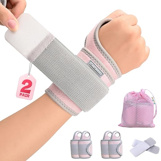 Wrist Brace for Carpal Tunnel 2 Pairs Right Left Hand, Wrist Support Wraps for Women Men, Adjustable Wrist Compression Brace for Tendonitis, Arthritis, Weightlifting, Sports, Day Night Support, Pink