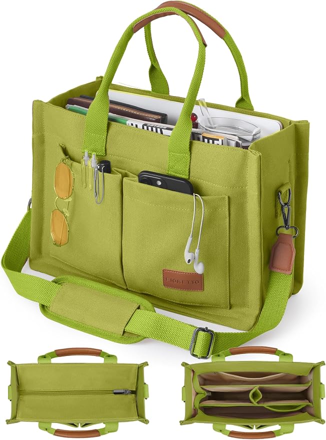 FIORETTO Canvas Tote Bag for Women with Zipper Closure & Individual Compartments for Work College for Teacher & Nurse