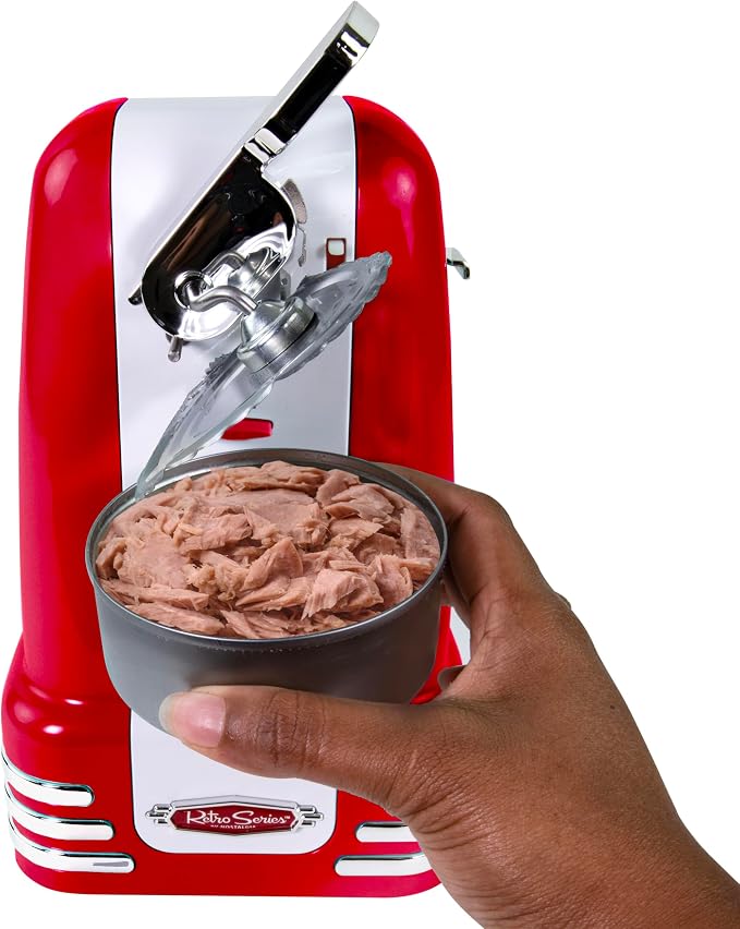 Nostalgia Retro Electric Can Opener for Kitchen with Magnetic Lid Remover, Knife Sharpener, and Soda or Beer Bottle Opener, Red