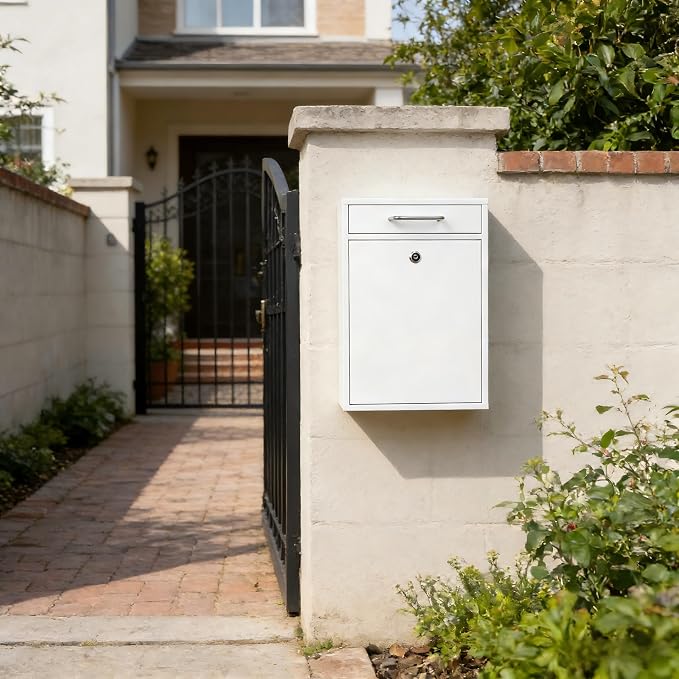 KYODOLED Locking Wall Mount Mailbox for Outside, Drop Box, X-Large, White | Heavy-Duty Steel, Outdoor Mail Box with Key Lock, Large Capacity, Home, Office & Apartment Use, 16.2H × 11.2L × 4.6W In