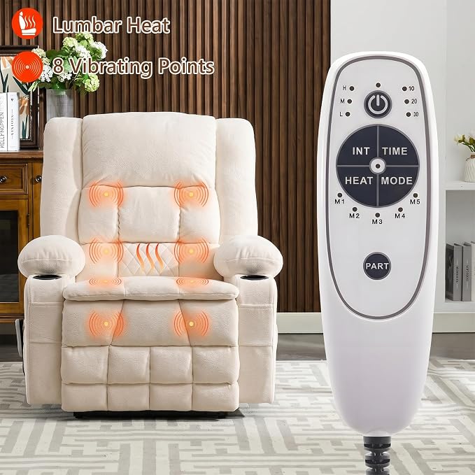 Power Lift Recliner Chair for Elderly with Lumbar Heat and Massage, Electric Lift Chair with Remote and USB Port, Wide Seat Recliner with Cup Holders for Living Room, Bedroom