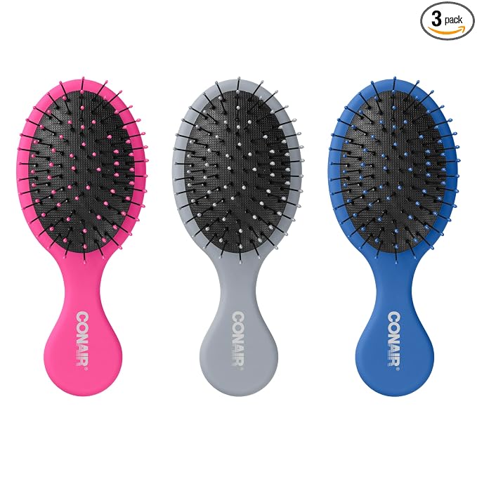 Conair Detangling Mini Hair Brush Set, 3-Pack Detangler Brushes for Wet or Dry Hair, Gentle Detangler for All Hair Types, Bristle Hair Brushes for Women, Travel Size, Pink, Gray, and Blue