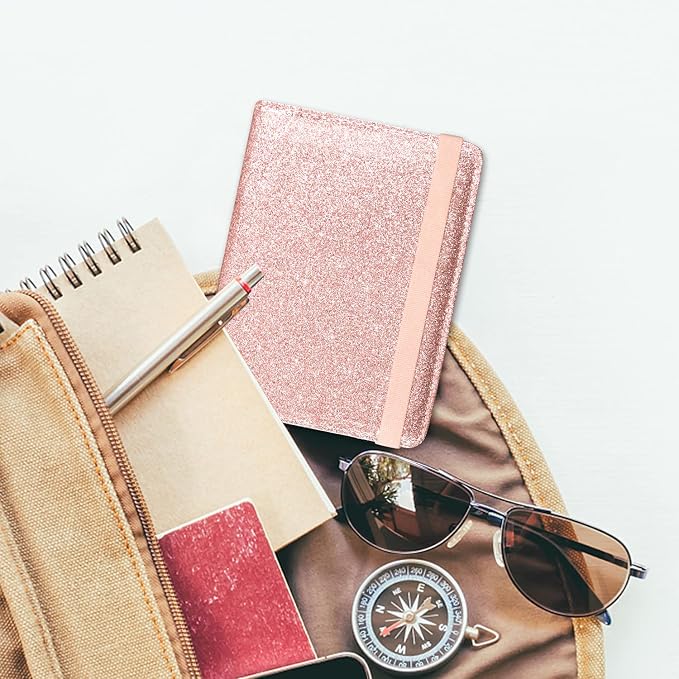 ACdream Passport Holder Cover, Leather Travel Wallet Case, RFID Blocking Document Organizer Protecrtor, with Slots for Credit Cards, Boarding Pass, for Women and Men, Glitter Rose Gold