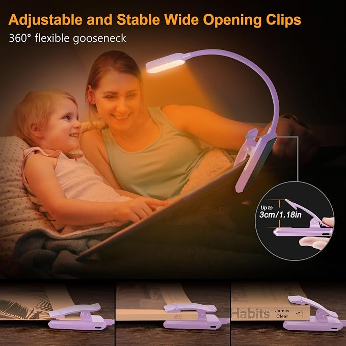 Gritin 16 LED Rechargeable Book Light for Reading in Bed | Eye Caring 3 Color Temperatures, Stepless Dimming Brightness, 80 Hrs Runtime, Lightweight Flexible Clip on Light-Purple