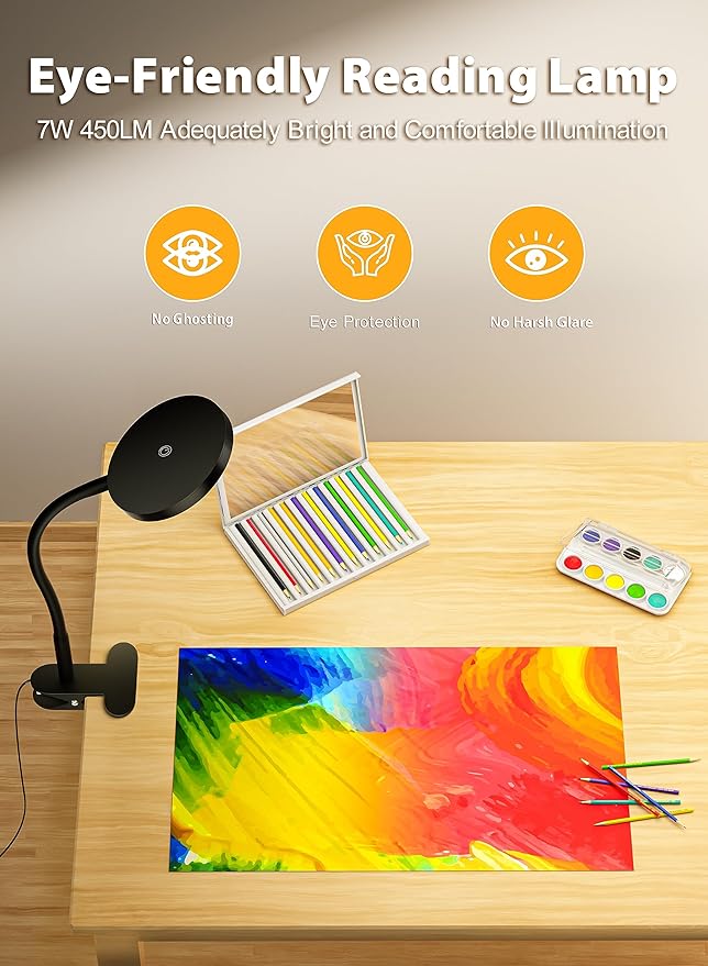 Clip on Light Infinite Dimmable Reading Lights for Books in Bed Headboard, 450LM Touch Control Clip Reading Lamp, Eye Care 3 Color Temperature Flexible Head Rotation for Bedside Night Light Black