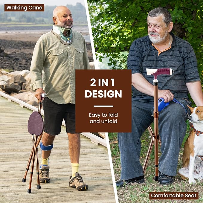 GYMAX Walking Stick Chair Combo, Folding Cane Seat with LED Light, Massage Seat Board & Ergonomic Handle, Adjustable Anti-Skid Walking Stick with Stool, Lightweight Outdoor Travel Rest Stool