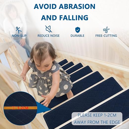 Stair Treads for Wooden Steps Indoor, 7 Pack 8" X 30" Non Slip Carpet Stair Treads with Reusable Adhesive for Elders and Dogs, Surface Polyester TPR Backing Stair Rugs,Navy
