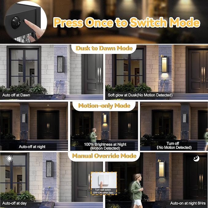 2 Pack LED Outdoor Wall Light 15in Dusk to Dawn Black Porch Light | Motion Sensor, 3 Lighting Modes, Water Ripple, Exterior Lighting Fixtures, Outside Lights Anti-rust for House Garage