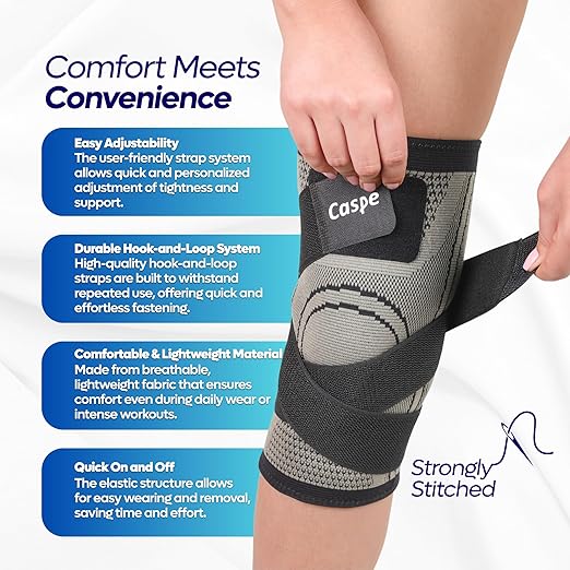 Caspe 2 Pack Knee Compression Sleeve with Strap – Knee Brace for Women & Men, Support for Running, Gym, Sports, Mild Arthritis, Pain Relief, Training, Daily Use (Gray, Medium)