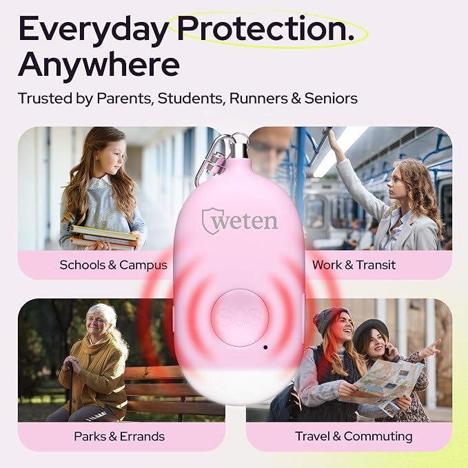 Weten Rechargeable Personal Alarm Keychain - 130dB Siren & LED Light - 2 Pack Personal Safety Alert for Women to Carry - Panic Button Alarm for Security - Rape Whistle for Self Defense (Pink&Blue)