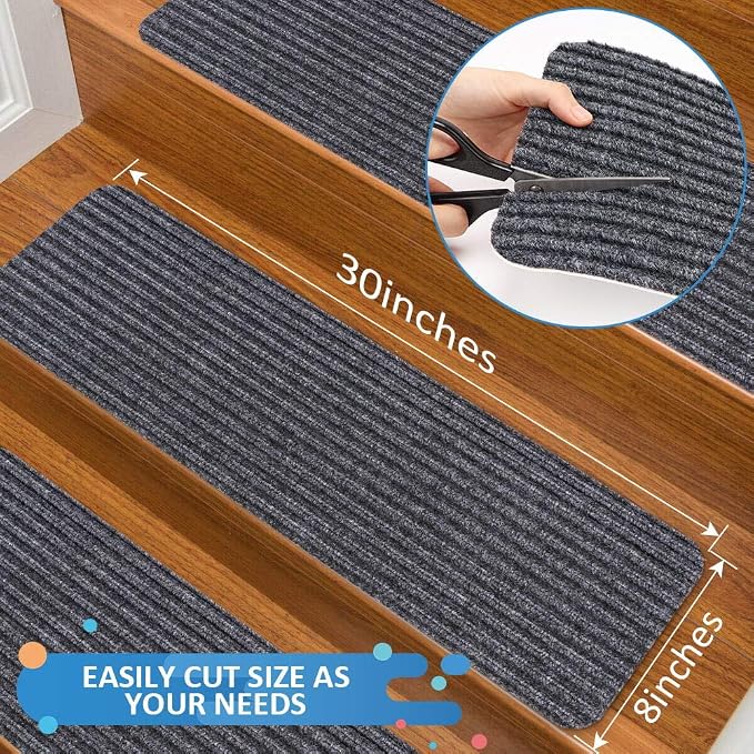 RIOLAND Stair Treads Carpet Non-Slip Indoor Stair Runners for Wooden Steps, Stair Rugs for Kids and Dogs, Set of 15, 8" X 30", Gray