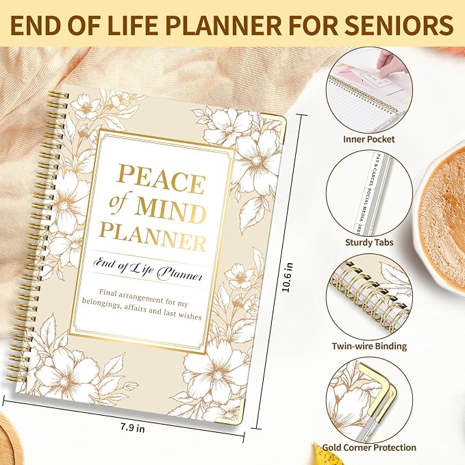 Peace of Mind Planner, Spiral End of Life Planner with Tabs for Senior, Guided Estate Planning Organizer for Final Arrangements & Important Affairs, 7.9"x10.6", Flower