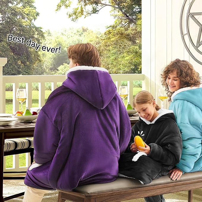 JOYWOO Black Kids Wearable Blanket Hoodie,Oversized Cat lovers Hoodie Blanket for kids & Teens,Birthday Gifts for Girl Boys,Warm Cozy Fuzzy Sherpa Fleece Sweatshirt Blanket with Giant Pocket Gifts