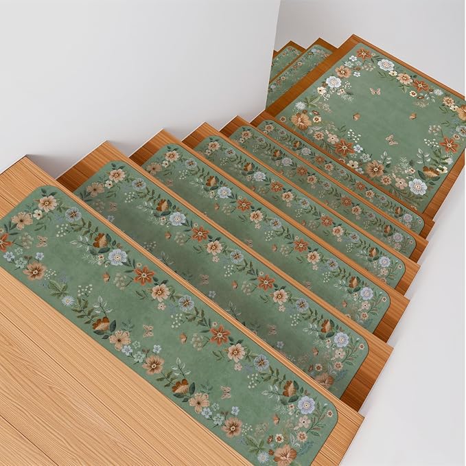 OJIA Floral Stair Treads Non-Slip Landinging Mat 31"x31" Stair Runner | Square Carpet Stair Treads for Wooden Steps Indoor Rubber Backing Anti-Slip Stair Matching Mat Stair Rugs, Green