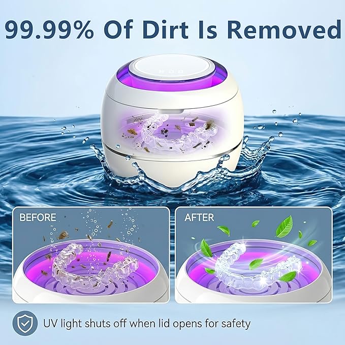 Ultrasonic Retainer Cleaner Machine, White, 42KHZ Dental Cleaning Pod For Denture, Toothbrush Heads,Jewelry, Braces, Digital Timer with 2 Modes, 180ML,304 stainless steel inner liner