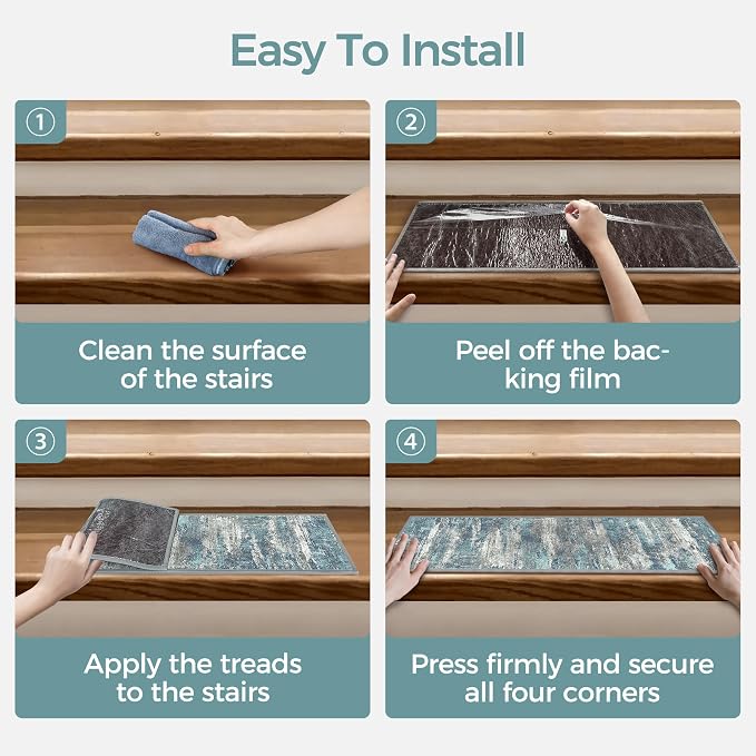 sarben Carpet Stair Treads Non Slip 4PCS, 8" X 30" Edging Stair Runner for Wooden Steps Indoor, Resistant Stair Rugs with Reusable TPE Adhesive Backing, Residue Free Mat for Kids, Elders, Pets, Teal