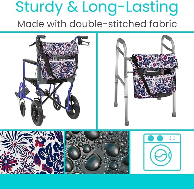 Vive XL Wheelchair Bag - Waterproof, Scratch-Resistant, Double-Stitched, Machine Washable Accessory for Adults, Seniors, 15 Colors - Storage Walker Backpack to Hang on Back of Wheel Chair