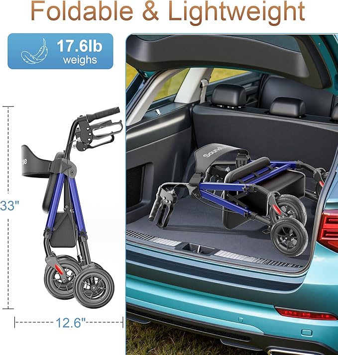 Rollator Walkers for Seniors with Seat, Foldable Lightweight Rolling Walker with 8" Big PU Wheels, Ergonomic Seat, Dual Height Adjustment