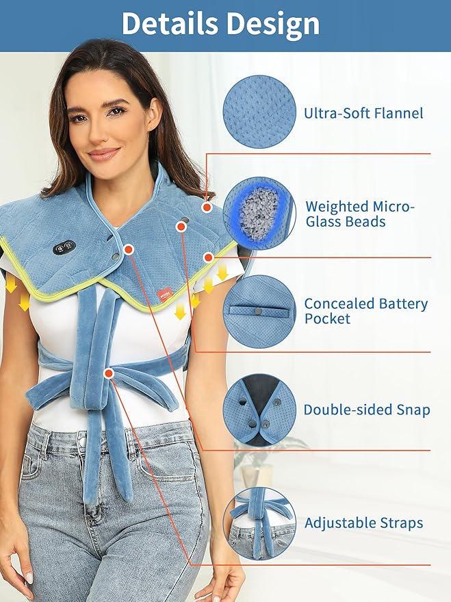 Heating Pad for Neck and Shoulders and Back with Battery,Portable Heated Pad with Vibration Massager and 3 Heating Modes,Weighted Electric Heat Pad,16.9'' x 23.6'' (Sky Blue)
