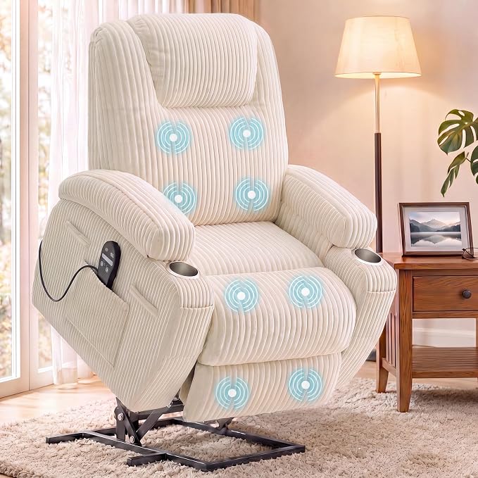 Flamaker Power Lift Chair Massage Recliner Chairs for Elderly | Ergonomic Lift Recliner Design with Cup Holders & Side Pockets, Remote Control (Corduroy, White)