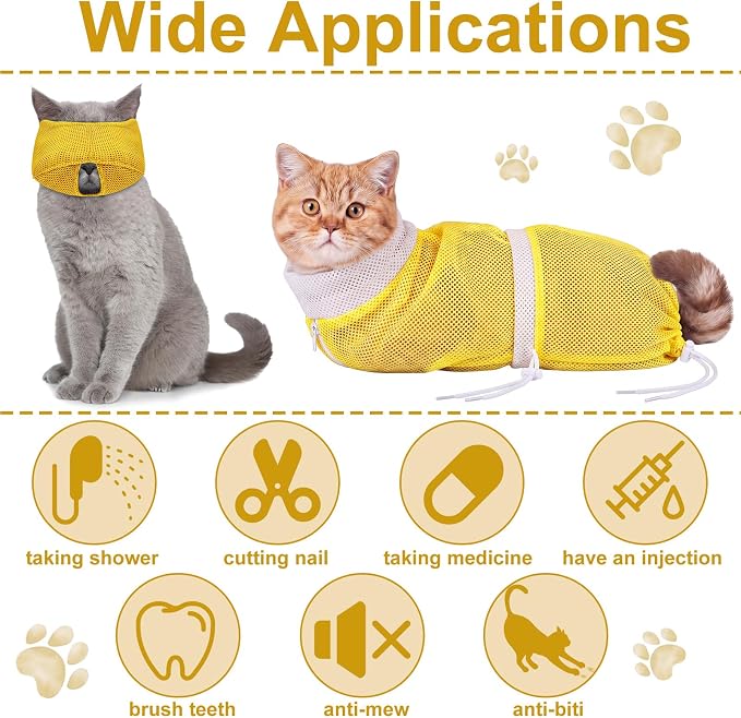 9 Pcs Cat Bathing Bag Set Cat Shower Bag Anti Bite and Scratch for Pet Grooming Washing Brush Comb Muzzle Nail Clipper Nail File Tick Tool (Yellow)