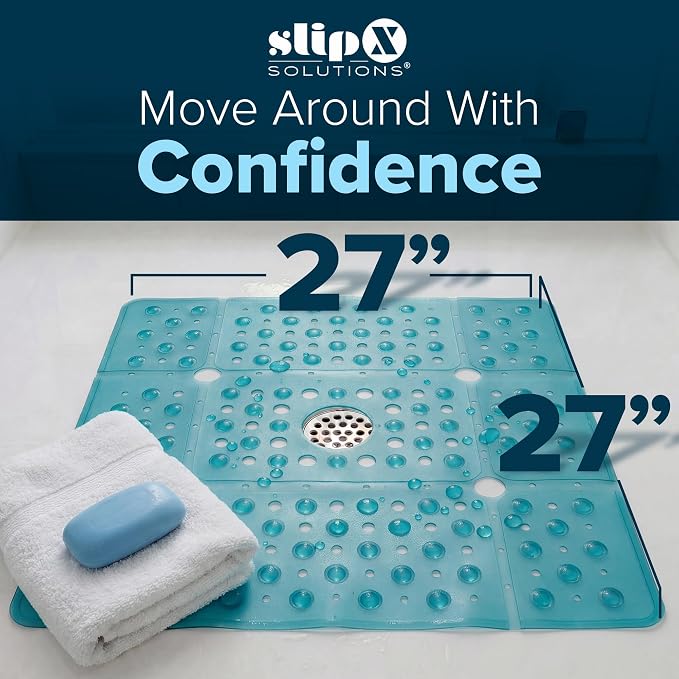 SlipX Solutions 27" Oversize Square Shower Mat, Non-Slip Mat for Elderly & Kids, 100+ Power Grip Suction Cups for Smooth Surfaces, Machine Washable, Transparent Aqua