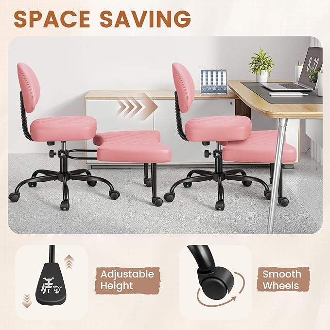 Ergonomic Cross Legged Office Chair with Wheels - Adjustable Height Kneeling Meditation Chairs for ADHD, Yoga & Desk Work - Wide Criss Cross Seat with Lumbar Support, Pink