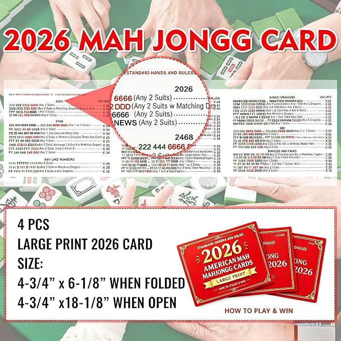 American Mahjong Cards 2026 Official Mahjong League Card, Jumbo Clear Print, Improve Memory & Focus, Brain Exercise for Seniors, Stress Relief Social Game, Perfect for Game Night Rack, Set of 4