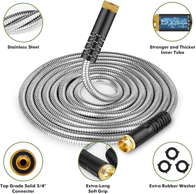 Unywarse Garden Hose 175ft, Stainless Steel Heavy Duty Water Hose with 10 Function Nozzle Flexible, Lightweight, No-Kink, Pet Proof, Puncture Proof Metal Hose for Yard, Outdoor