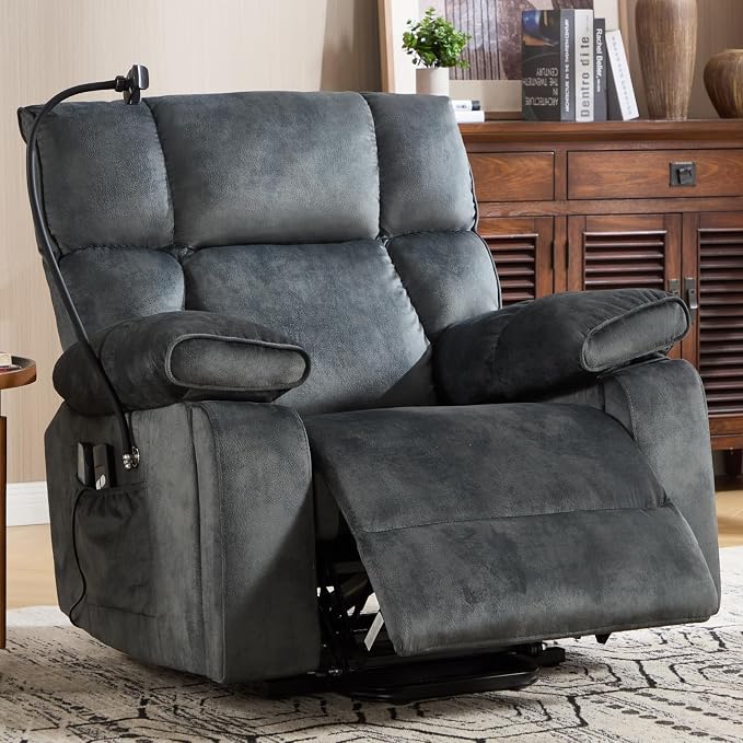 Power Lift Recliner for Elderly with Heat & Massage, Grey | Heat & Massage, Wide Electric Reclining Chair, Cup Holder, Phone Holder & Side Pockets