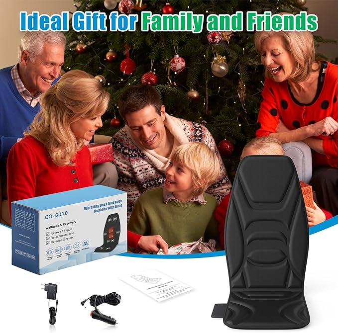 Portable Back Massager with Heat & Vibration - Deep Tissue Pain Relief for Shoulder, Back, Lower Back and Thighs - Office Chair Massage Pad, Ideal Gift for Men and Women