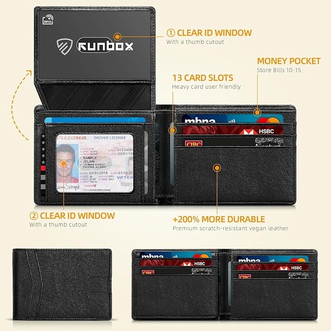 RUNBOX Wallet for Men -Slim Rfid Leather Mens Bifold Novelty Wallets 2 ID Window With Gift Box Men's Accessories | Minimalist Front Pocket Design, Holds 15 Cards, Large Capacity with Cash Pocket,Compact and Thin, Birthday Gifts for Men