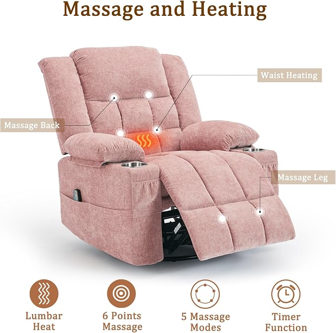 Korser 360° Swivel Rocker Recliner for Adults, Nursery Glider Recliner with Massage and Heating, Rocking Chair with Cup Holder, Manual Recliner Chair for Living Room, Bedroom (Fabric, Pink)