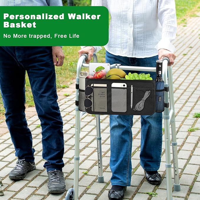 Walker Basket, Foldable Walker Bag with Cup Holder, Large Capacity, Seniors with Limited Mobility to Carry Water Bottles, Books - Black