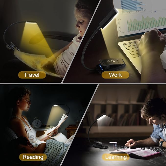 Gritin 2 Pack 9 LED Rechargeable Book Light for Reading in Bed | Eye Caring 3 Color Temps,Stepless Dimming Brightness,80 Hrs Runtime Small Lightweight Clip On Book Reading Light-Black