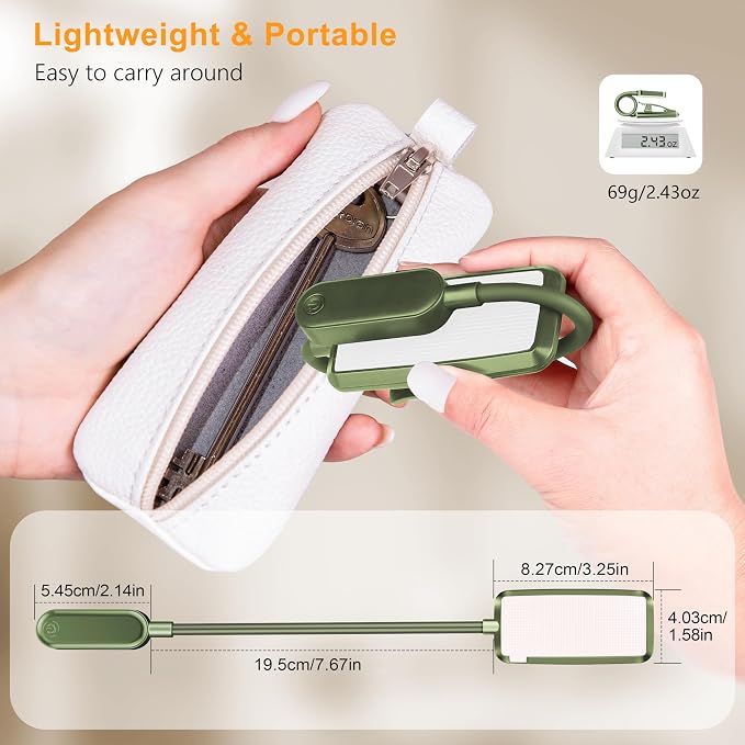 Gritin 16 LED Rechargeable Book Light for Reading in Bed | Eye Caring 3 Color Temperatures, Stepless Dimming Brightness, 80 Hrs Runtime, Lightweight Flexible Clip on Light-Dark Green