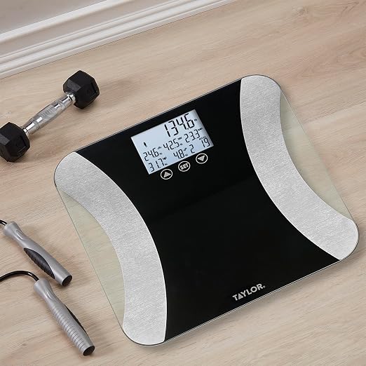 Taylor Digital Glass Body Composition Scale, Bathroom Scale for Body Weight, Measures Body Fat, Body Water, and Muscle Mass, Athlete Mode, 8-User Recognition, 500 lb Capacity, Black