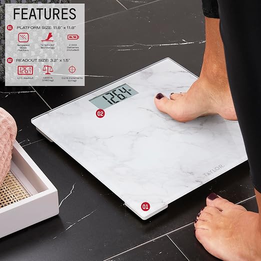 Taylor Digital Bathroom Scale for Body Weight, Glass Platform with Marble Design, 400 lb Capacity, Large Easy-Read Display, Precise Weight Tracking