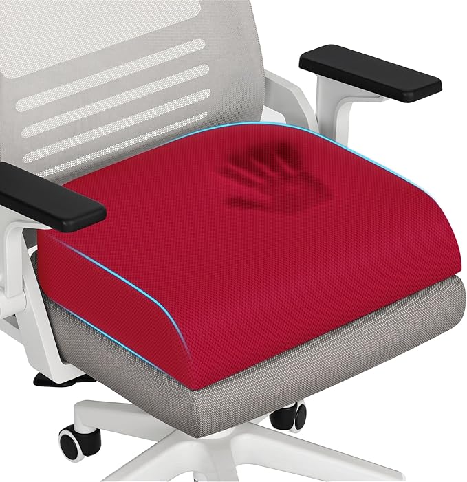 TranquilRelax Memory Foam Seat Cushion for Office Chair, 3-Inch, Red | Medium-firm Support for Long Sitting, Washable Mesh Cover, Non-slip Base, Perfect for Car Seats & Short Drivers
