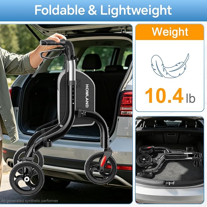 HOMLAND Foldable 3 Wheel Walkers for Seniors, Lightweight 10.4 lb | with Cane & Cup Holder, Height Adjustable, 8'' big wheel, Shiny Black